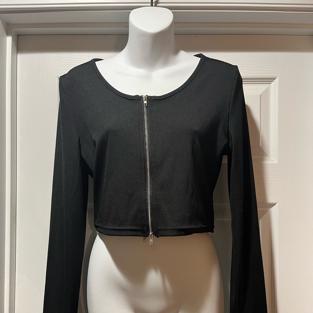 SHEIN Rib Knit Zip Up Crop Cardigan